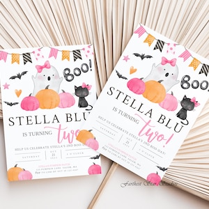 Boo! I&#39;m Two Birthday Girl, Pink and Orange Halloween Birthday Invitation, Boo! I&#39;m Two Birthday, Pink Halloween Birthday, Pink Ghost Invite
