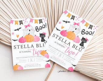Boo! I'm Two Birthday Girl, Pink and Orange Halloween Birthday Invitation, Boo! I'm Two Birthday, Pink Halloween Birthday, Pink Ghost Invite