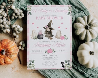 A baby is brewing Shower Invitation, Coquette Halloween Baby Shower Invite, Pink Pumpkin Shower Invite, Fall Shower invitation