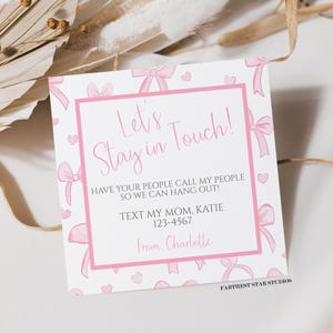 Coquette Playdate cards, Summer play date card, Printable End of School Tags for Kids, Play Date Business Card, Keep in Touch Contact Card