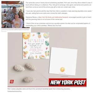 May include: A colorful playdate card with a sun, palm trees, and a beach bag. The card says "Let's Stay in Touch!" and includes a phone number and the name "Charlotte".