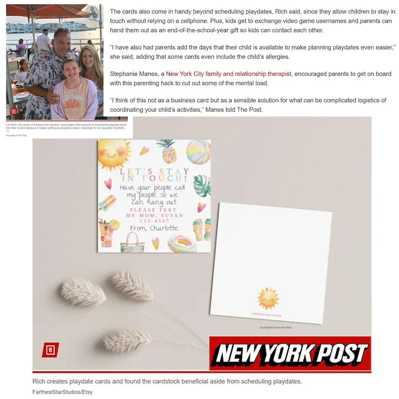 May include: A colorful playdate card with a sun, palm trees, and a beach bag. The card says "Let's Stay in Touch!" and includes a phone number and the name "Charlotte".