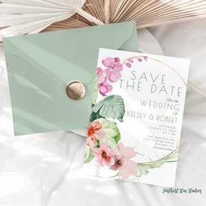Customizable Tropical Save The Date Invitation - DIY Tropical Summer wedding - Beach Wedding