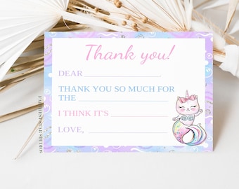 Rainbow Mermaid cat printable thank you card, Mermaid cat Birthday, cat mermaid thank you, merkitty birthday thank you card, printable card