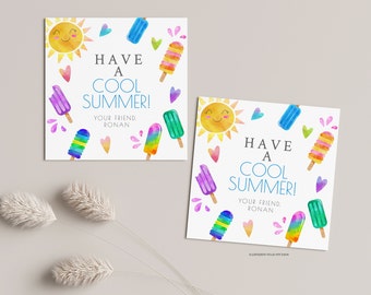 May include: Two white cards with a summer theme. Each card has a smiling sun, colorful popsicles, and the text "Have a Cool Summer!" with the name "Ronan" at the bottom.