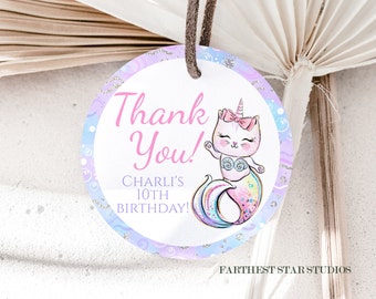 Rainbow Mermaid cat printable favor tags, Mermaid cat Birthday, cat mermaid  party thank you, merkitty birthday decor, pool party favors