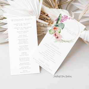 May include: Wedding ceremony program with a floral design featuring pink and green watercolor flowers. The program includes the order of events for the ceremony, including the seating of the families, the processional, the exchange of vows, and the presentation of the bride and groom. The program also includes the names of the wedding party, the officiant, and the musicians. The program is titled "Stella & Jon" with the date "08.26.23".