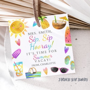 Show your gratitude to your amazing teachers with our Sip Sip Hooray Summer Teacher Appreciation Thank You Tags or Stickers. Perfect for end-of-year teacher gifts.