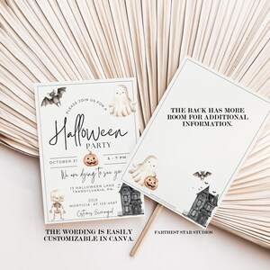 Puede incluir: Una invitaci&oacute;n imprimible para una fiesta de Halloween con una ilustraci&oacute;n en blanco y negro de una casa encantada, un fantasma, un murci&eacute;lago y un esqueleto. El texto de la invitaci&oacute;n dice "Por favor, &uacute;nase a nosotros para una fiesta de Halloween, el 31 de octubre, de 5 a 7 PM. Estamos deseando verte. 13 Halloween Lane, Transylvania, PA. RSVP Morticia al 123-4567. Se anima a los disfraces. La redacci&oacute;n es f&aacute;cilmente personalizable en Canva."