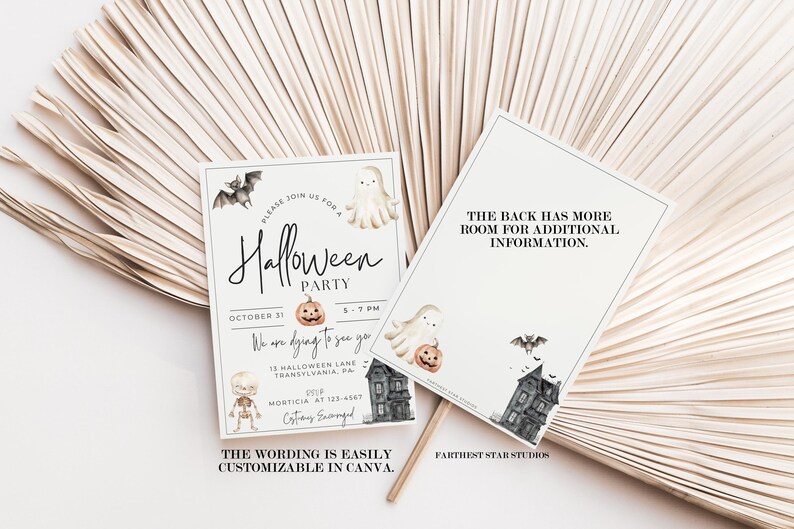 Puede incluir: Una invitaci&oacute;n imprimible para una fiesta de Halloween con una ilustraci&oacute;n en blanco y negro de una casa encantada, un fantasma, un murci&eacute;lago y un esqueleto. El texto de la invitaci&oacute;n dice "Por favor, &uacute;nase a nosotros para una fiesta de Halloween, el 31 de octubre, de 5 a 7 PM. Estamos deseando verte. 13 Halloween Lane, Transylvania, PA. RSVP Morticia al 123-4567. Se anima a los disfraces. La redacci&oacute;n es f&aacute;cilmente personalizable en Canva."