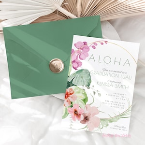 Graduation luau invitation, Luau Graduation party, College Graduation luau, High school Graduation luau, watercolor graduation invitation