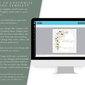 May include: A computer screen displaying a floral thank you card template in the Templett editor. The card features a watercolor floral design with peach and pink flowers, greenery, and gold accents. The text on the card reads "Thank you for celebrating with us" and includes the names "Nicole & Robert" and the date "August 12, 2023".