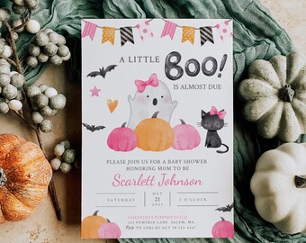 May include: A white and pink baby shower invitation with a ghost and a black cat. The invitation says "A Little Boo! Is Almost Due" and includes the date and time of the shower.