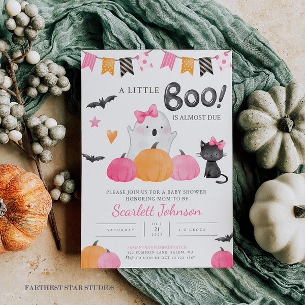 A little Boo is almost due Shower invitation, Spooky Baby Shower Invite, Pink and Orange Halloween, Pink Halloween, Pink Ghost Invite