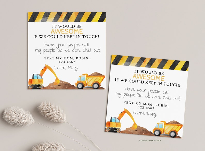 Introducing our Construction trucks Playdate Cards, perfect for organizing summer playdates, creating a fun end-of-school experience for kids. This printable set features a fun construction truck design with bright yellow accents.