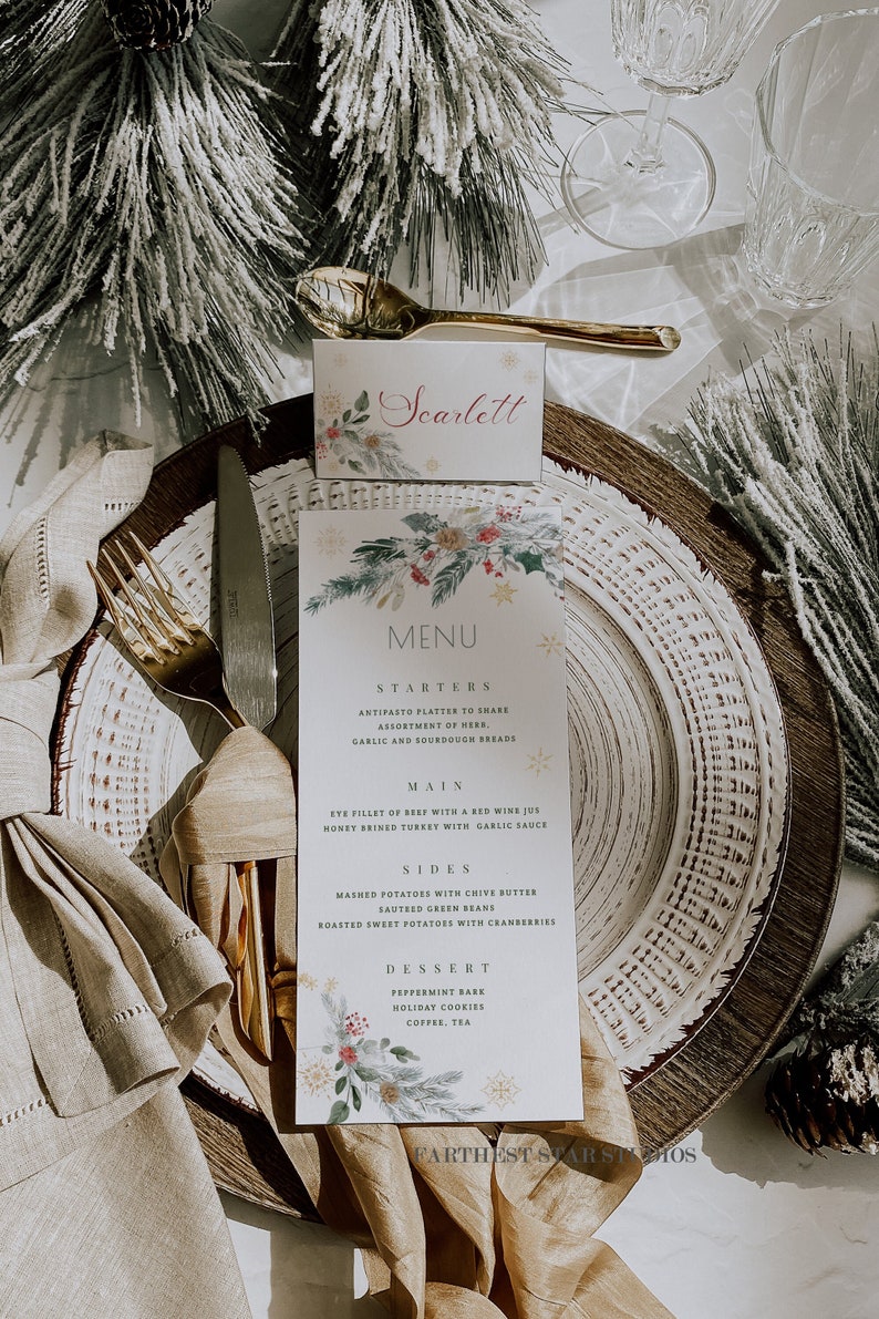 Create a warm and inviting atmosphere for your guests with our beautifully crafted Holiday Table Decor set, featuring a charming blend of Christmas greens encircling a gleaming gold circle. Included are both a holiday place card and menu templates.