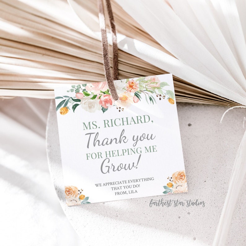 Express your gratitude to teachers with these editable Peony thank you tags! Perfect for end-of-year gifts, Teacher Appreciation Week, or anytime you want to show your appreciation.