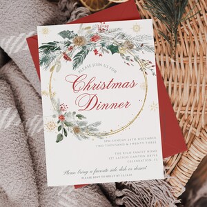 Get ready to spread the holiday cheer with our customizable Christmas Dinner Invitation! This digital download features a stunning watercolor greenery design encircling a gold circle adorned with glistening gold snowflakes.