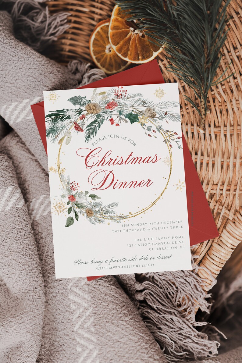 Get ready to spread the holiday cheer with our customizable Christmas Dinner Invitation! This digital download features a stunning watercolor greenery design encircling a gold circle adorned with glistening gold snowflakes.