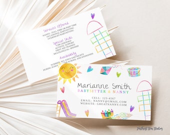 Babysitter Business cards Playground, Summer play date card, Printable Babysitter card,  Day care Business Card, Keep in Touch Contact Card