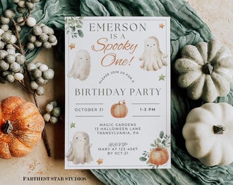 May include: A white card with a watercolor illustration of ghosts and pumpkins. The text on the card reads "Emerson is a Spooky One!" and "Please join us for a Birthday Party". The date is October 31st and the time is 1-3 PM. The location is Magic Gardens, 13 Halloween Lane, Transylvania, PA. RSVP to Mary at 123-4567 by October 21st.