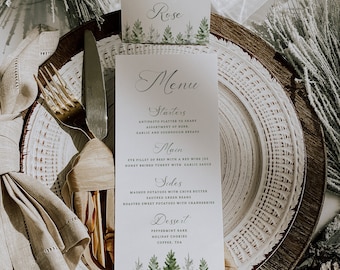 May include: A white menu card with a green watercolor illustration of pine trees at the bottom. The menu card lists the appetizers, main course, sides, dessert, and beverages offered at a holiday event. The text on the card reads "Rose" at the top and "Farthest Star Studios" at the bottom.