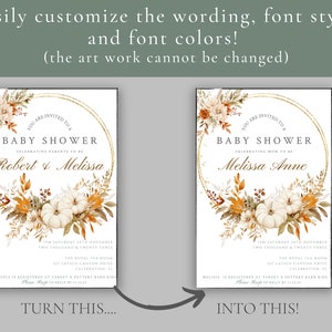 May include: Two customizable baby shower invitations with a fall theme. The invitations feature a gold circle with the text "You are invited to a Baby Shower" and a floral wreath with pumpkins. The first invitation says "Celebrating parents to be Robert & Melissa" and the second invitation says "Celebrating Mom to be Melissa Anne".