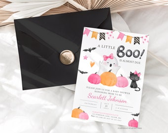 May include: A pink and black baby shower invitation with a ghost and a black cat. The invitation says "A Little Boo! Is Almost Due" and includes the date and time of the shower.