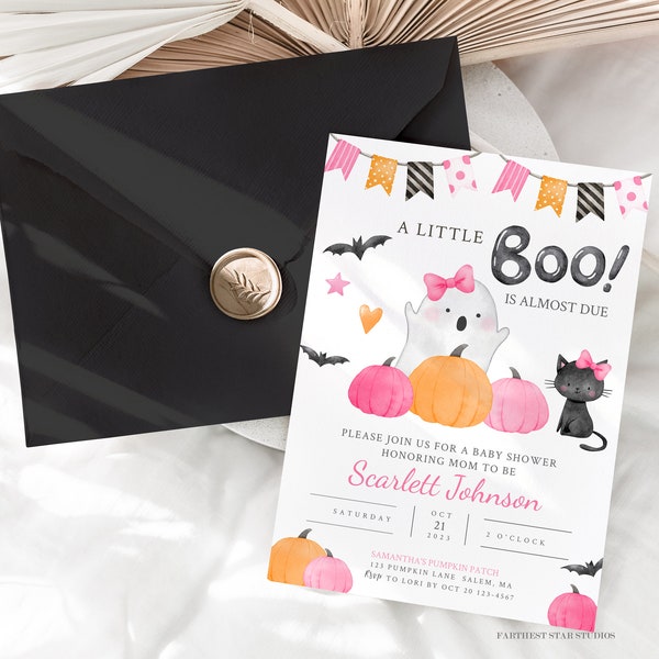 A little Boo is almost due Shower invitation, Spooky Baby Shower Invite, Pink and Orange Halloween, Pink Halloween, Pink Ghost Invite
