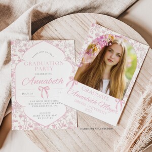 Introducing our Coquette Bow Graduation Photo Announcement & Party Invitation, featuring soft watercolor pink bows, pink toile background, elegant script fonts, and a chic coquette-inspired design. This 5x7" Canva template is the perfect way to share your milestone with friends and family—whether you're announcing the big news or inviting them to your celebration.
