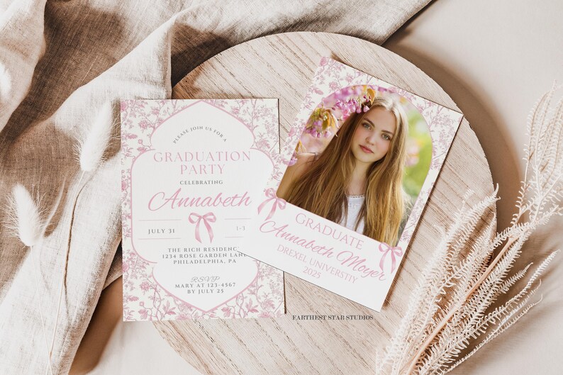 Introducing our Coquette Bow Graduation Photo Announcement & Party Invitation, featuring soft watercolor pink bows, pink toile background, elegant script fonts, and a chic coquette-inspired design. This 5x7" Canva template is the perfect way to share your milestone with friends and family—whether you're announcing the big news or inviting them to your celebration.