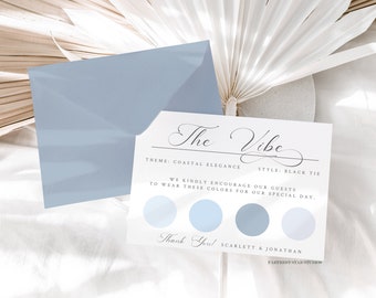 Può includere: Un biglietto bianco con il testo "The Vibe" in un carattere corsivo. Il biglietto include anche il testo "Tema: Eleganza costiera" e "Stile: Cravatta nera". Il biglietto ha cinque cerchi colorati in tonalità di blu, con il testo "Invitiamo gentilmente i nostri ospiti a indossare questi colori per il nostro giorno speciale." e "Grazie!" in testo nero. Il biglietto include anche i nomi "Scarlett & Jonathan" e "Farthenest Studios".