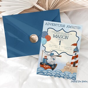 Adventure Awaits Nautical Bunny Birthday Party Invitation - Bunny Birthday party, digital download - Beach party - summer birthday