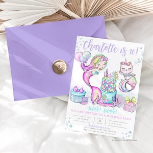 Rainbow Mermaid cat Birthday Invitation Mermaid cat Birthday Invitation, cat mermaid Invitation, mermaid birthday invitations, Mermaid 3rd image 2