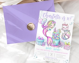 Rainbow Mermaid cat Birthday Invitation, Mermaid cat Birthday Invitation, cat mermaid Invitation, mermaid birthday invitations, pool party