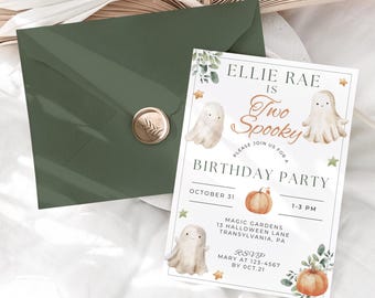 May include: A white invitation card with a watercolor illustration of two ghosts and pumpkins. The text reads "Ellie Rae is Two Spooky" and includes details for a birthday party on October 31st from 1-3 PM.