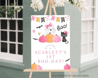 Boo! birthday Girl sign, Pink and Orange Halloween Birthday, Boo! I'm Two Birthday, Pink Halloween Birthday, Pink Ghost Welcome sign