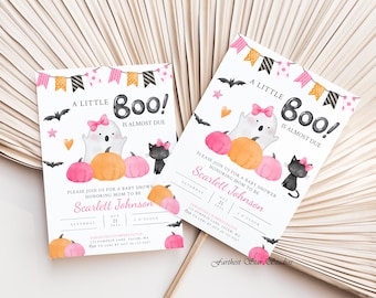 May include: A pink and orange baby shower invitation with a ghost and a black cat wearing pink bows. The invitation says "A Little Boo! Is Almost Due" and includes the date, time, and location of the event.