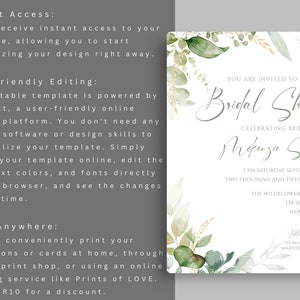 May include: A green and white watercolor floral bridal shower invitation with the text "You are invited to a Bridal Shower" and "Celebrating Bride to be McKenzie Smith". The invitation includes the date, time, and location of the shower.
