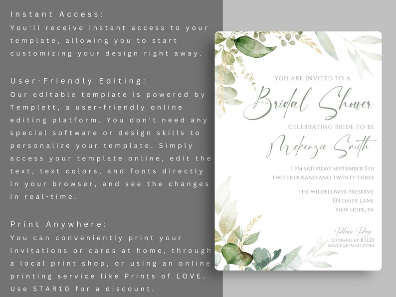 May include: A green and white watercolor floral bridal shower invitation with the text "You are invited to a Bridal Shower" and "Celebrating Bride to be McKenzie Smith". The invitation includes the date, time, and location of the shower.