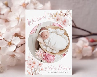 Cherry Blossom Birth Announcement, Adoption Day Digital Download, Photo Baby Announcement with stats, digital print adoption announcement