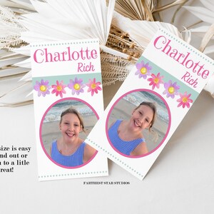 May include: Two pink and white favor tags with a floral design and a photo of a girl. The text on the tags reads "Charlotte Rich" and "2x3.5 size is easy to hand out or attach to a little treat!"