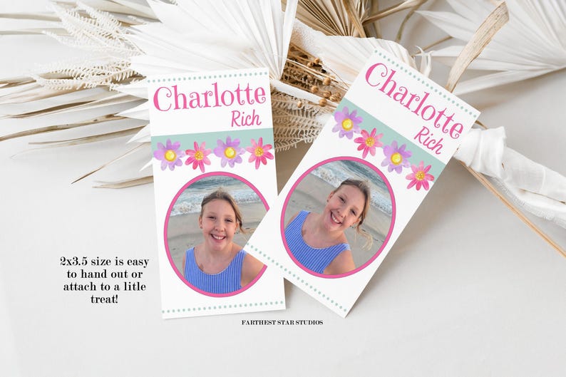 May include: Two pink and white favor tags with a floral design and a photo of a girl. The text on the tags reads "Charlotte Rich" and "2x3.5 size is easy to hand out or attach to a little treat!"