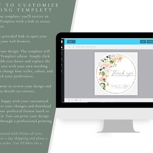 May include: A computer screen displaying a floral thank you card template in the Templett editor. The card features a watercolor floral design with peach and pink flowers, greenery, and gold accents. The text on the card reads "Thank you for celebrating with us" and includes the names "Nicole & Robert" and the date "August 12, 2023".