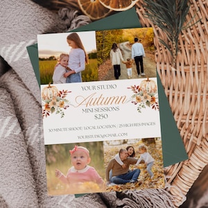 Puede incluir: Un folleto de marketing de fotografía titulado YOUR STUDIO Autumn MINI SESSIONS $250. Incluye cuatro fotos de familias y niños en entornos otoñales, ilustraciones decorativas de calabazas y flores, e información de contacto.