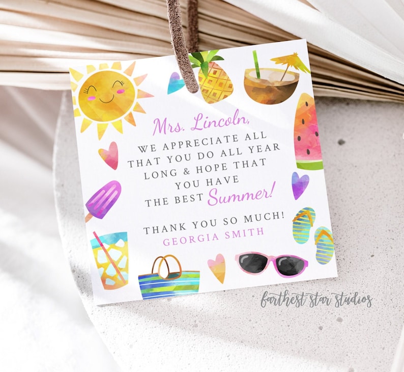 Celebrate the end of the school year with our Summer Teacher Appreciation Thank You Tags/Stickers. These vibrant and tropical-themed digital downloads are perfect for DIY gifts, allowing you to express gratitude to teachers in a fun & memorable way.