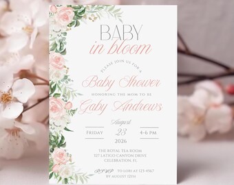 Baby in bloom Shower Invitation, baby in bloom Invitation, baby in bloom evite, Spring baby shower invites, pastel floral baby shower