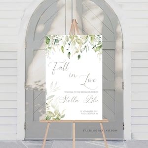 Fall in Love Bridal Shower Welcome Sign, Fall Bridal shower Sage green and gold Shower decor, Printable Eucalyptus Gold Shower Welcome sign