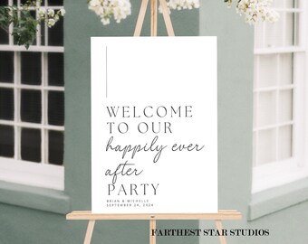 Peut inclure: Une pancarte de bienvenue de mariage blanche avec du texte noir qui dit "Bienvenue à notre fête de bonheur pour toujours" avec les noms Brian & Michelle et la date du 24 septembre 2024. La pancarte est sur un chevalet.