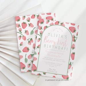 May include: A pink and green first birthday invitation with a strawberry pattern. The invitation says "Olivia's Berry First Birthday!" and includes details for the party, including the date, time, location, and RSVP information.